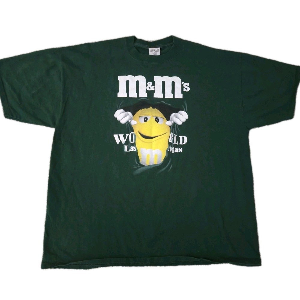 Vintage M&Ms World Yellow Character Shirt Mens XL Green Graphic Candy Novelty